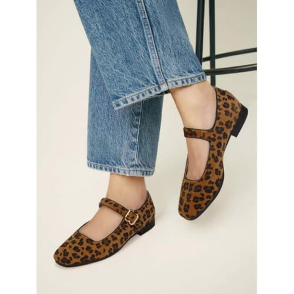 Women's Square Toe Ballet Flats with Buckle Strap - Suede Upper - Picture 5 of 8